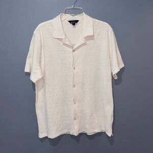 Ben Sherman Mens Linen Cotton Blend Short Sleeve Camp Collar Shirt Cream Large